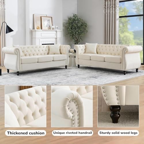 80" 2 Piece 3-Seater Velvet Chesterfield Sofa - Image 3