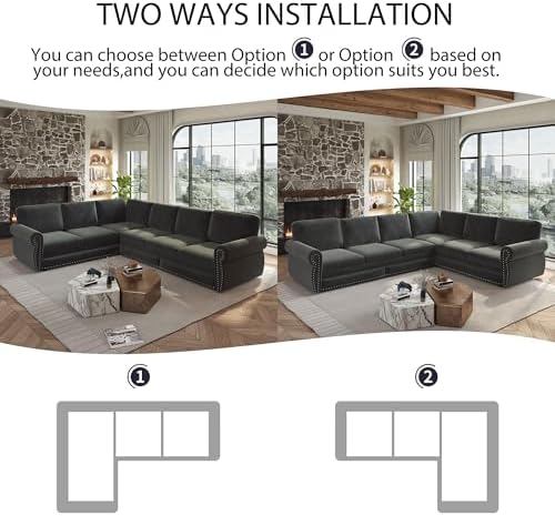 118" Chenille L-Shaped Pull-Out Sectional Vintage Sleeper Sofa, Dark Grey - Image 5