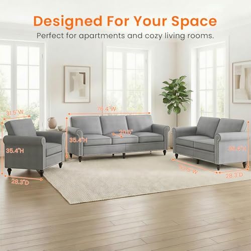 ijuicy 3 Pcs Sectional Sofa Set -Modern Linen Upholstered Couch-Light Gray - Image 7
