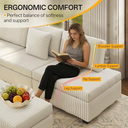 KEIKI 110" L-Shaped Oversized Plush Corduroy Modular Sectional Sofa - Image 6