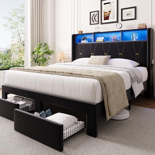 Allewie Queen Bed Frame with 2-Tier Storage Headboard, Charging Station & LED by Allewie