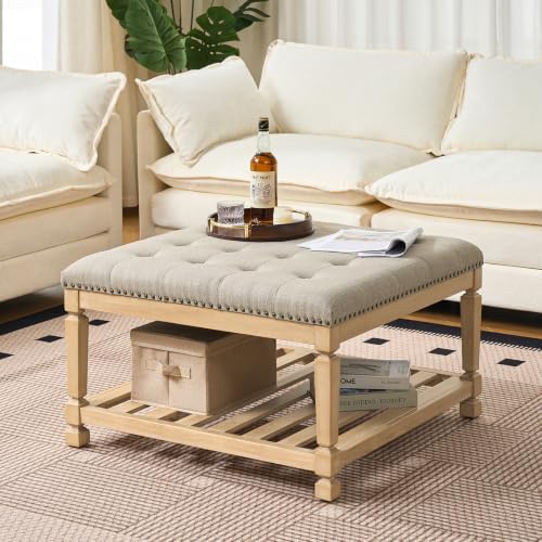 Befurtori Ottoman with Storage Bench, Linen Ottoman Coffee Table Gray Linen by Befurtori