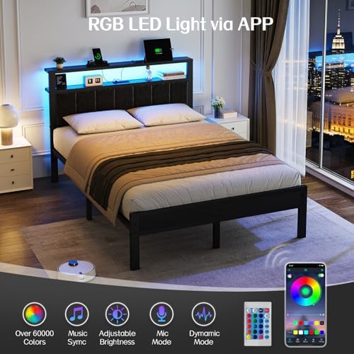 OLEVS Full Size Bed Frame with LED Lights & Charging Station, Modern Platform - Image 5
