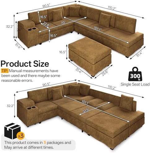 KEIKI 110" L-Shaped Oversized Plush Corduroy Modular Sectional Sofa - Image 2