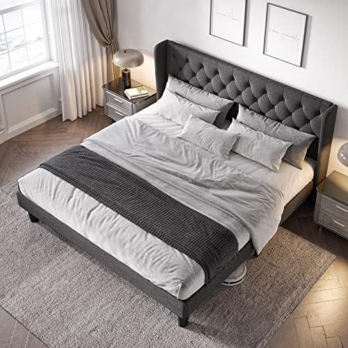 Allewie King Bed Frame with Button Tufted Wingback Headboard, Dark Grey - Image 3