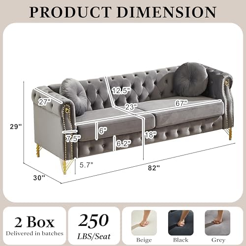 82" 3-Seater Grey Velvet Chesterfield Sofa - Image 2