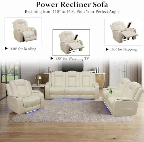 3-Piece Power Recliner Sofa Sets, Leather Reclining Couch Set - Image 5