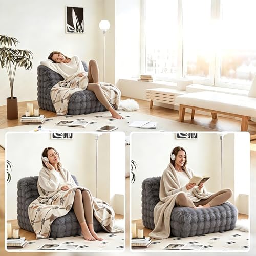 Memory Foam Faux Fur Bean Bag Chair, Light Grey - Image 5