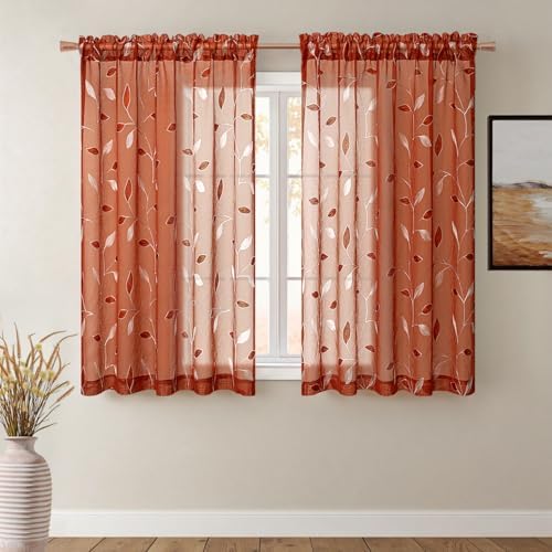 MIULEE Terracotta Sheer Fall Curtains 2 Panels Leaf Patterned, W52 x L45 by MIULEE