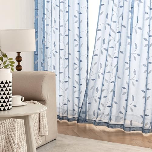 MIULEE Dusty Blue Sheer Curtains 2 Panels Leaf Patterned, W52 x L96 - Image 3