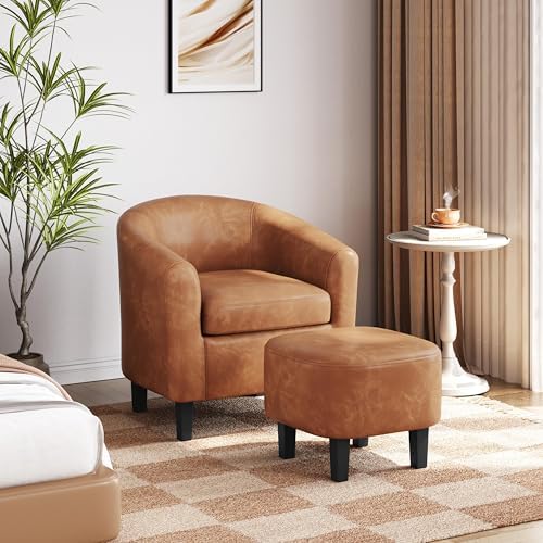Yaheetech Accent Chairs with Ottoman, Faux Leather Barrel Chairs - Image 4