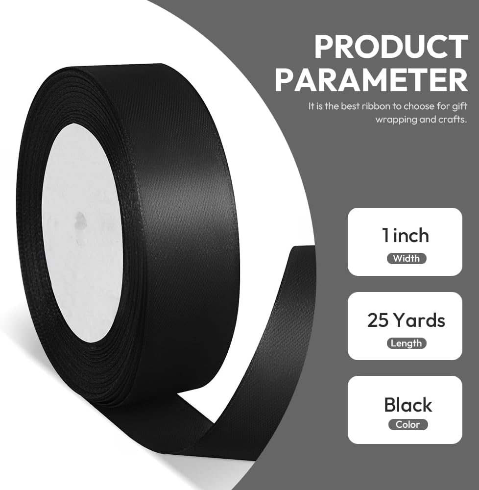 1" x 25 Yards Satin Ribbon, Black Silk Ribbon Ideal for Gift Wrapping, Floral Bouquets, Crafts, Wedding Party Decorations, Christmas and Sewing Projects