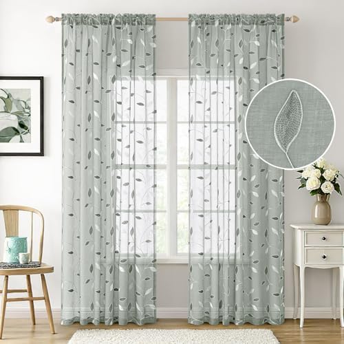 MIULEE Sage Sheer Curtains 2 Panels Embroidered Leaf Patterned, W52 x L96 - Image 3