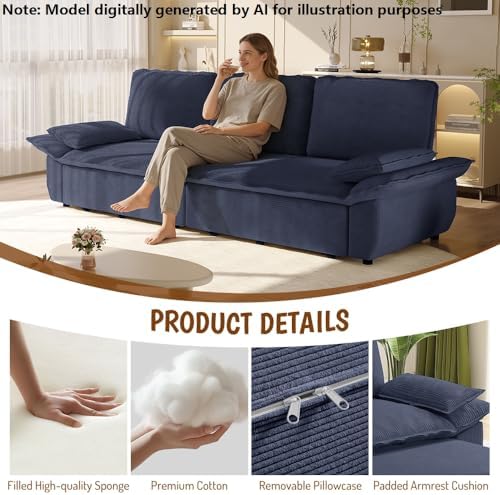 94.5'' Sleeper Sofa Bed King Size, Convertible Corduroy Couch, Dark Blue - Image 6
