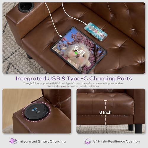 TYBOATLE 62'' Brown Leather Loveseat, Small Couch - Image 5