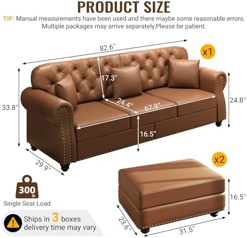 KEIKI 83" Faux Leather Chesterfield Sofa - Image 2