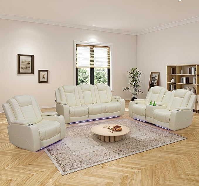 Power Recliner Set with LED Lights, Quilted Air Leather Reclining Set with USB - Image 6