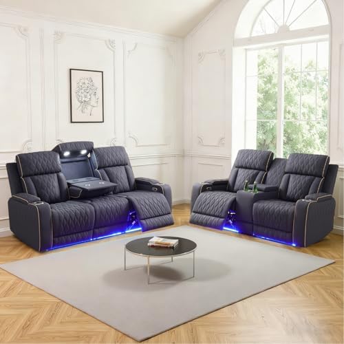 Power Recliner Sofa Set with LED Lights, Suede Leather Reclining Couch and by Caberryne