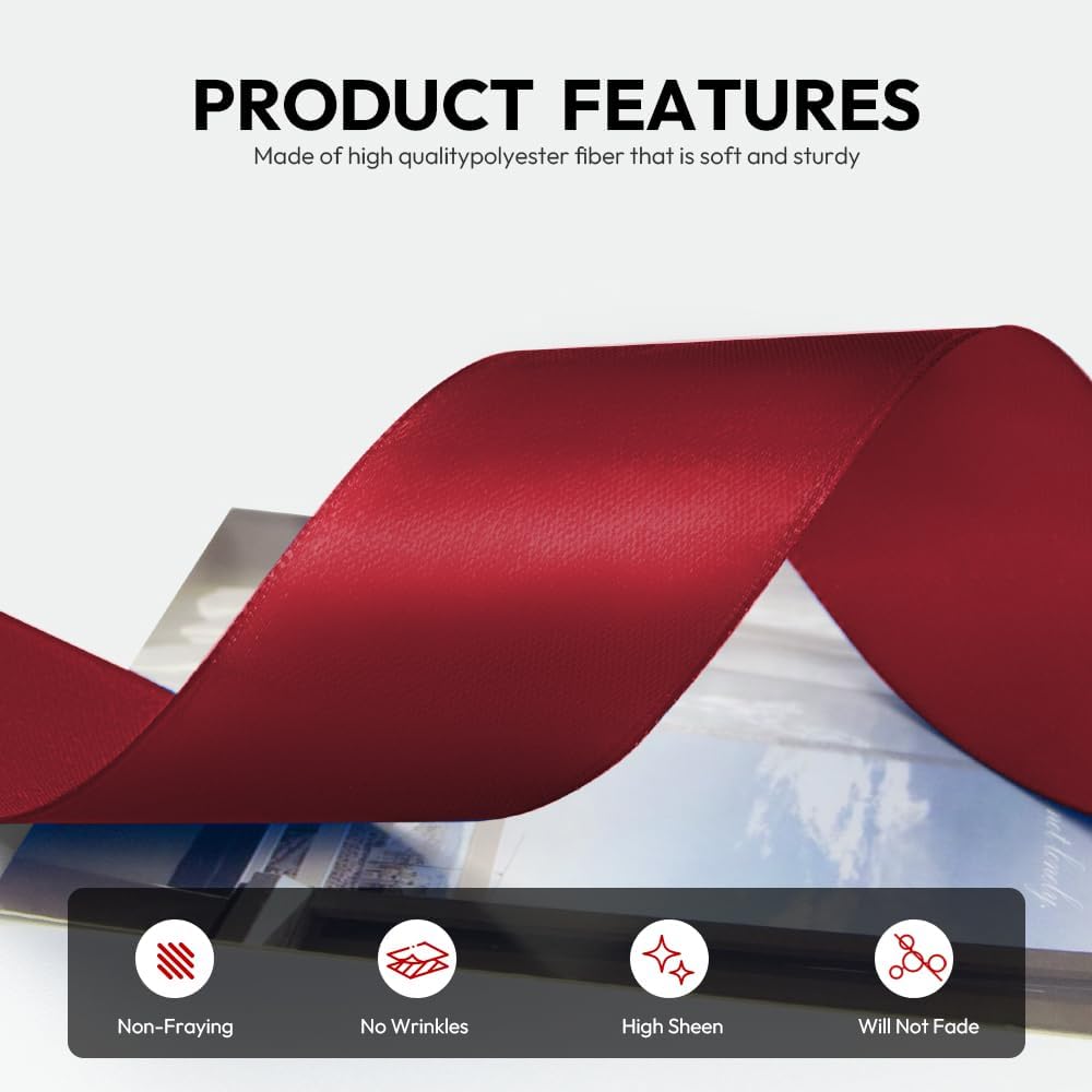 1-1/2 Inch 100 Yards Satin Ribbon Wine Red, Solid Color Fabric Ribbon for Gift Wrapping, Wedding, Polyester Gift Ribbon for Birthday Party Decoration, Craft, Hair, Floral, Sewing