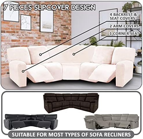 ULTICOR 7-Piece L Shape Sectional Recliner Sofa Covers, Velvet Stretch - Image 2
