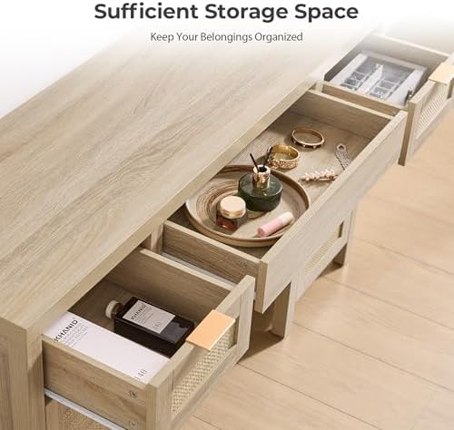 SICOTAS Rattan Vanity Table Wooden Vanity Desk - Image 4