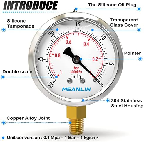 MEANLIN MEASURE -30inHG~0Psi Stainless Steel 1/8" NPT 2.5" FACE DIAL Vacuum - Image 4