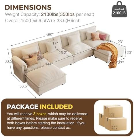 ELUCHANG 150" Oversized Modular Sectional Sofa, Comfy Deep Seat Cloud Couch - Image 2
