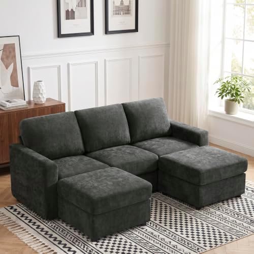 84” Chenille 3-Seater Sofa W/Two Movable Ottomans by ACMEASE