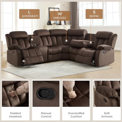 EBELLO Manual Reclining L-Shaped Sectional Sofa Set, Soft Fabric Corner Couch - Image 3