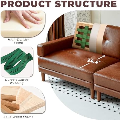 86" Oversized Tufted Leather Couch Sectional Sofa - Image 4