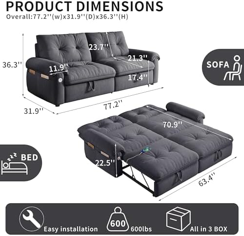 77" Queen Size Sofa Bed, Loveseat Sleeper Sofa - Image 3