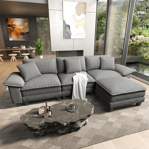 HERA'S HOUSE 124" Oversized Modular Sectional L Shaped Sofa, Corduroy Grey by HERASHOUSE