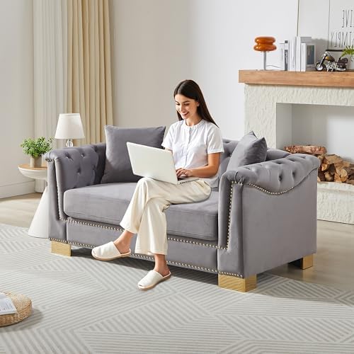 62" Chesterfield Loveseat Grey Velvet Combination Sofa, 2 Cushion Classic 6.5" by Unknown