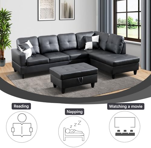 Black L-Shaped 3-Piece Faux Leather Sofa - Image 5