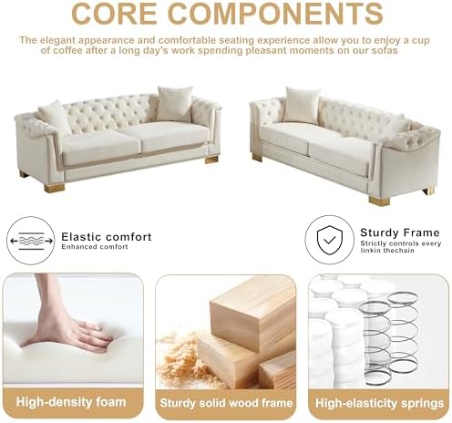 2 Pieces Chesterfield 3-Seater Velvet Combination Sofa Sets, 4 Cushion Classic - Image 4
