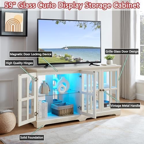 59" Glass Curio Display Storage Cabinet, 4 Doors LED Light Multipurpose - Image 4