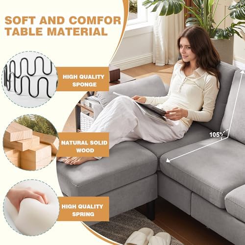 4 Piece Convertible Sectional Sofa Set, Modern Linen Small L Shaped Couch - Image 4