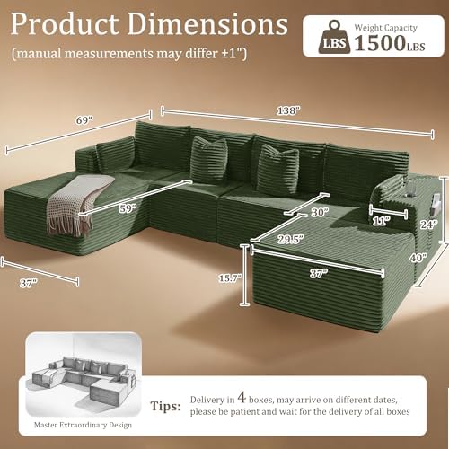 138" Cloud Sectional Couch, Comfort U Shaped Boneless Couch - Image 2