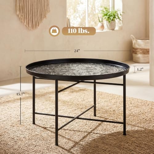 HOMCOM 24" Hammered Round Coffee Table Vintage Metal Side Table Black - Image 3