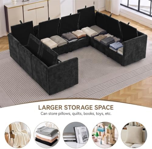 105" Black Oversized Modular Storage Sofa, U Shaped Chenille Cloud Couch - Image 3