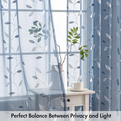 MIULEE Dusty Blue Sheer Curtains 2 Panels Leaf Patterned, W52 x L96 - Image 5