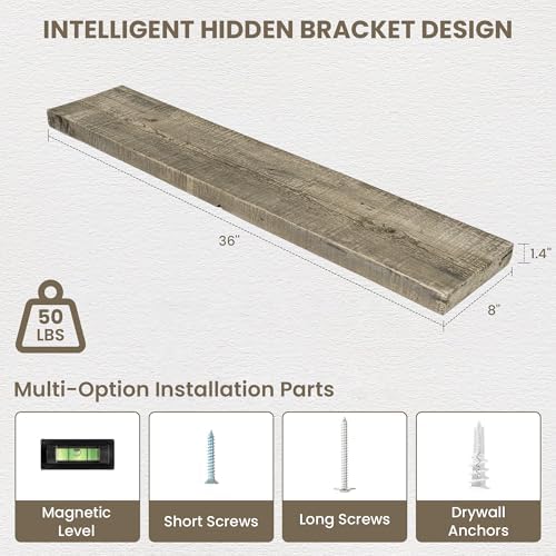 Acovy 36" Unfinished Solid Reclaimed Wood Floating Shelves, Rustic Heavy-Duty - Image 3