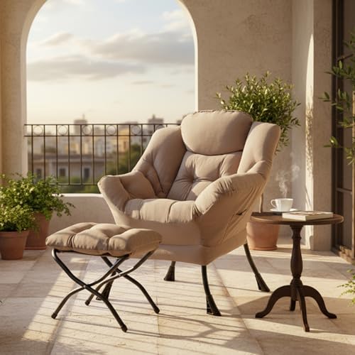 Tiita Lazy Chair with Ottoman, Comfy Reading Accent Chair, Velvet Khaki - Image 3