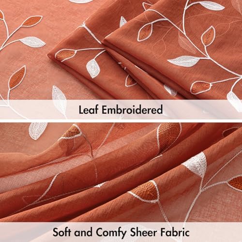 MIULEE Burnt Orange Sheer Fall Curtains 2 Panels Leaf Patterned, W52 x L63 - Image 4