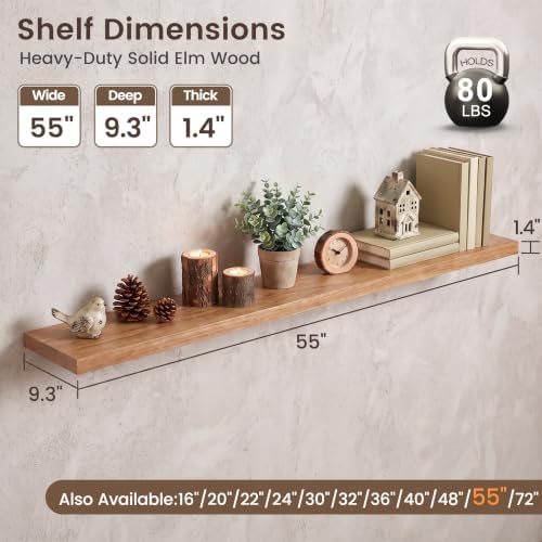 55 inch Floating Shelves for Wall, Elm Wood Flat Edge - Image 3