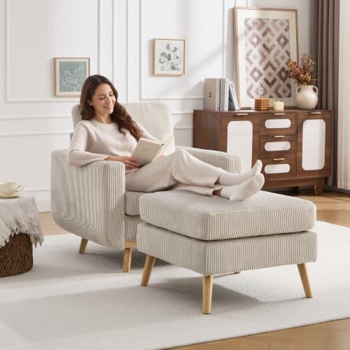 Accent Chair with Movable Ottoman, Reading Chair and Ottoman Set, Upholstered - Image 3