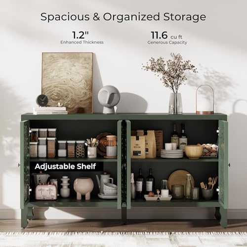 Buffet Cabinet with Storage, Accent Cabinet with 4 Carved Doors, Solid Wood - Image 4