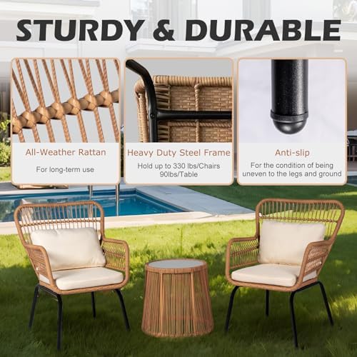 3 Piece Outdoor Wicker Furniture Bistro Set, Rattan Chairs Conversation Sets - Image 7