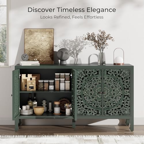Buffet Cabinet with Storage, Accent Cabinet with 4 Carved Doors, Solid Wood - Image 5