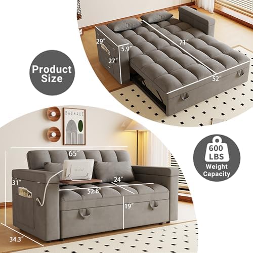 3 in 1 Convertible Sleeper Sofa, 65in Sleeper Couch - Image 2